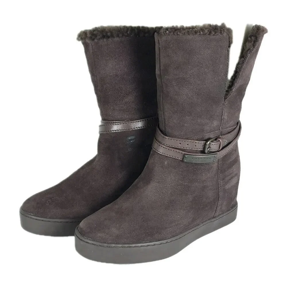 Coach Women's Norell US 7B Brown Suede Fold Down Sherpa Wedge Shearling Boots